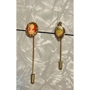 Vintage Gold Tone Victorian Cameo floral Stick Hat Pin set of 2